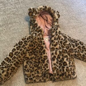 Leopard Print Faux Fur Kids Jacket with Hood